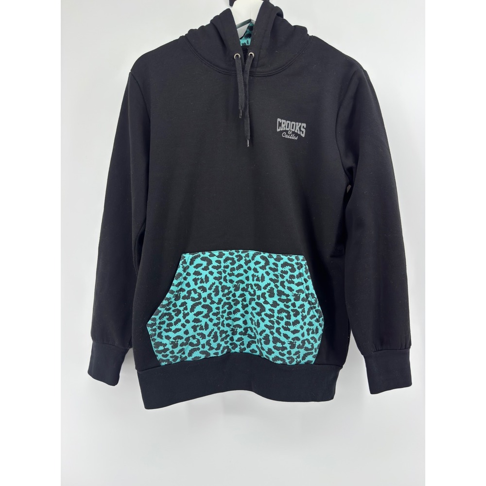 Crooks & Castles Mens Black Hoodie Teal Leopard Print Pocket Pullover Sweatshirt